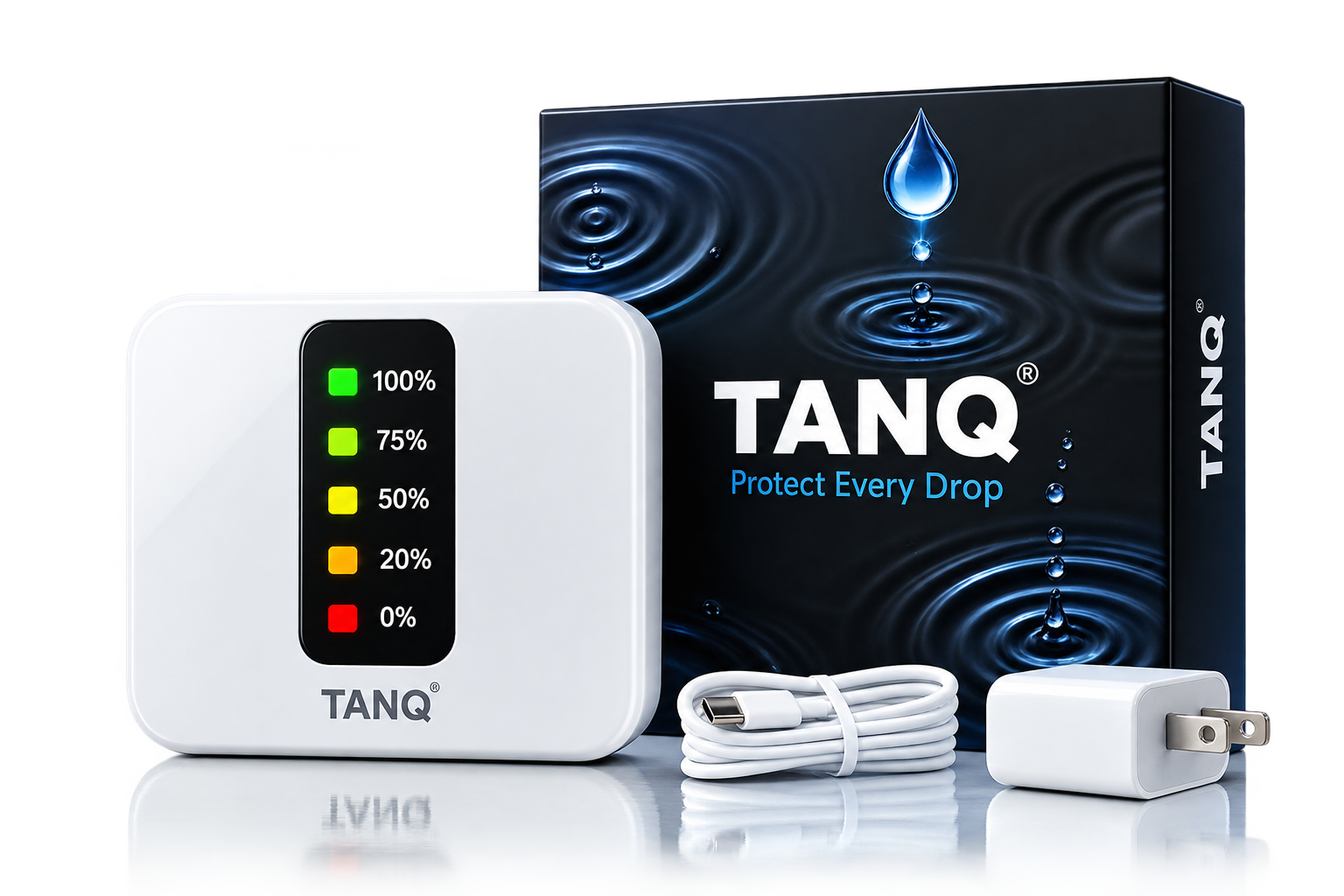 TANQ water level indicator device with sensor wires and tank installation